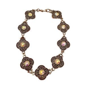 Delicate Looking Filigree & Iridescent Crystal Silver Toned Bracelet.